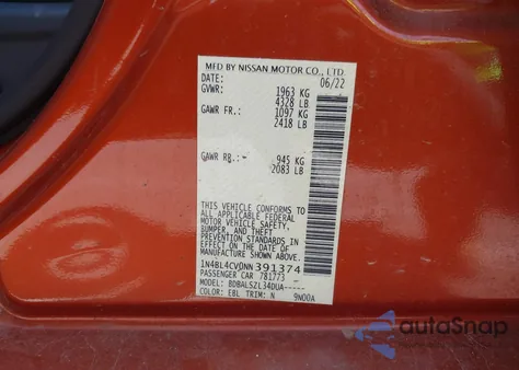 2022 Nissan Altima Sr Fwd из США, поврежденный, VIN 1N4BL4CV0NN391374